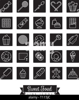 Sweet food line icon vector collection with sweets, candy, chocolates and cakes in black squares Stock Vector