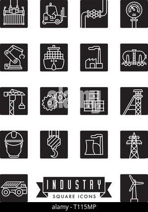 Collection of industry themed square black vector line icons Stock Vector