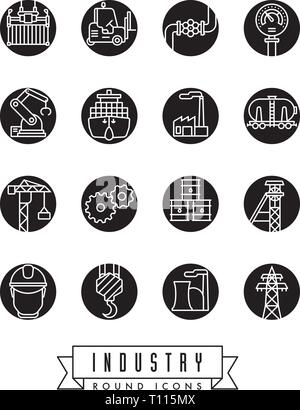 Collection of industry themed round vector icons, white lines in colored circles Stock Vector