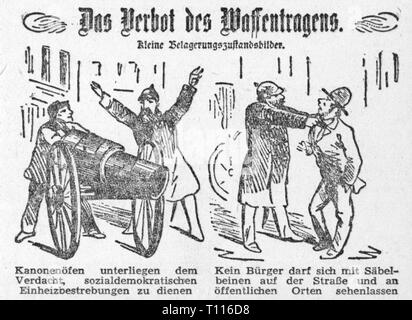 politics, laws, Germany, Anti-Socialist Law, 1878, caricature, The ban of carrying weapons, little state of siege, left: 'Potbellied stoves are subject to the suspicion to serve social-democratic heating efforts', right: 'No bow-legged citizen is allowed to stay on the street or in public places', after drawing, 'Berliner Wespen', Berlin, 1878, Artist's Copyright has not to be cleared Stock Photo