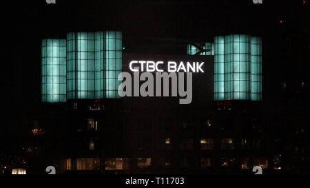 Close-up of logo atop CTBC Bank building at night in downtown Los Angeles, California, January 23, 2019. () Stock Photo