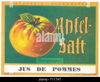 Label for Apfel Saft apple juice, with stylized illustration of an apple and text Jus De Pommes, 1950. () Stock Photo