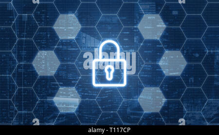 Blockchain concept with padlock in center. Hexagon shape network with empty cells. Binary code and city lights in background. Stock Photo