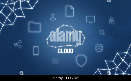 Cloud drawing surrounded with icons of file, folder, computer, padlock concept of security, social networks share, smart phone, user... Stock Photo