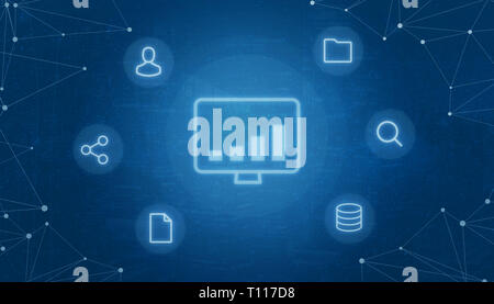 Internet of things concept with computing tehnology growth icon surrounded with icons of data center, search, folders, files, social network share and Stock Photo