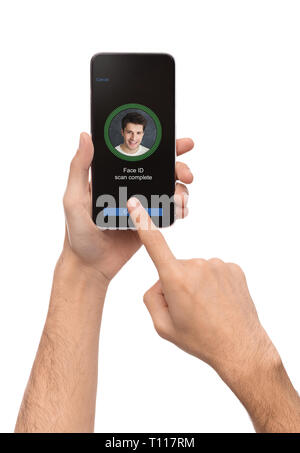Face Identification with software scanning face on smartphone Stock Photo