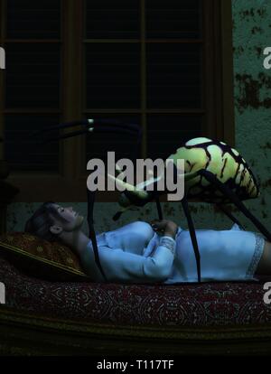 A giant black and yellow spider stands over a woman in a white nightgown who sleeps in her bed. 3D Rendering Stock Photo