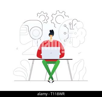 Artificial intelligence - flat design style colorful illustration on white background. A composition with a man, programmer working at the laptop, ima Stock Vector