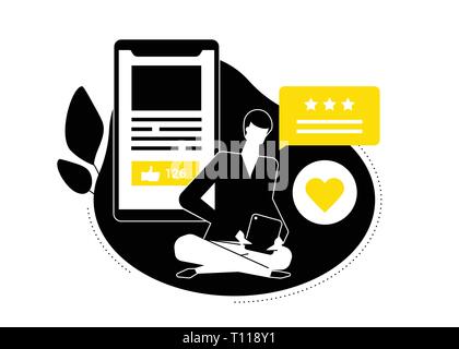 Company testimonials - flat design style vector illustration. Black, yellow and white composition with a man writing comments on tablet, deciding the  Stock Vector