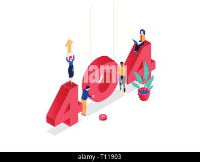 Error 404 page - modern colorful isometric vector illustration on white background. A composition with cute characters working at laptops, trying to f Stock Vector