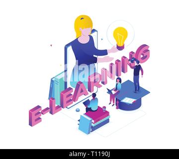 E-learning concept - modern colorful isometric vector illustration on purple background with inscription. Male, female students, teacher on smartphone Stock Vector
