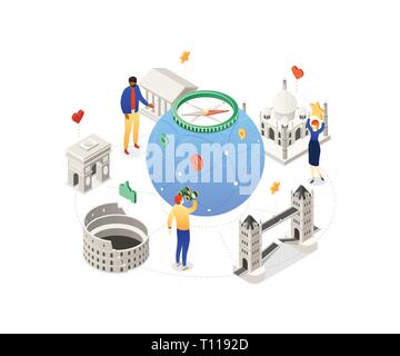 Travel around the world - colorful isometric illustration with famous landmarks, architecture, tourists, the globe, compass, smm symbols. Tower bridge Stock Vector