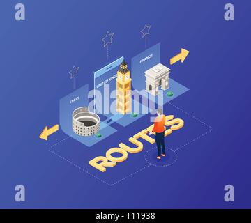 Choose your route - modern colorful isometric illustration. A male tourist thinking where to go on vacation, Italy, the UK or France. with landmarks,  Stock Vector