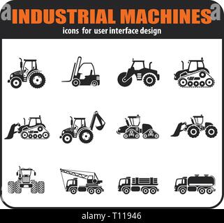 Industrial vehicles icons set with tractor loader paver excavator bulldozer truck isolated vector illustration Stock Vector