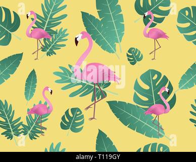 Creative vector illustration flamingo and tropical leaves. Flamingo seamless background for textile design. Summer or tropical jungle background. Wall Stock Vector