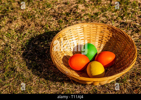 Easter egg hunt eggs in a basket on a grass background isolated Stock Photo