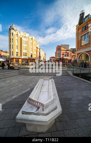 PLOVDIV CITY, BULGARIA - March 22 2019 - Center of the city with model of ancient roman stadium in front- European Capital of Culture in 2019 Stock Photo