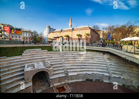 PLOVDIV CITY, BULGARIA - March 22 2019 - Center of the city with part of ancient roman stadium - European Capital of Culture in 2019 Stock Photo