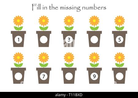 Game with flowers in pots for children, fill in the missing numbers, easy level, education game for kids, school worksheet activity, task for the Stock Vector