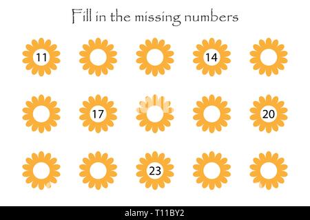 Game with flowers for children, fill in the missing numbers, middle level, education game for kids, school worksheet activity, task for the Stock Vector