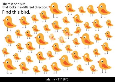 Find bird that looks in other direction, springs education puzzle game for children, preschool worksheet activity for kids, task for the development Stock Vector