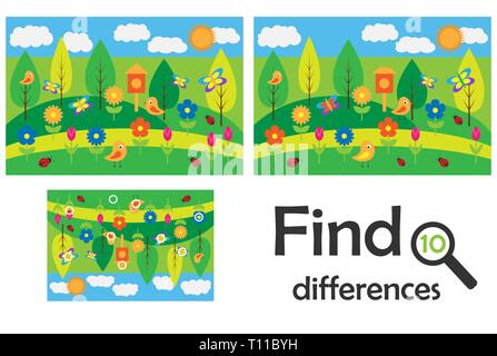 Find 10 differences, game for children, spring cartoon, education game for kids, preschool worksheet activity, task for the development of logical Stock Vector