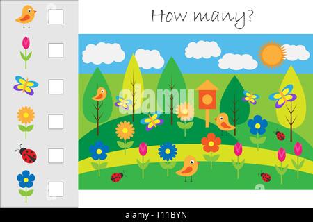 How many counting game with spring picture for kids, educational maths task for the development of logical thinking, preschool worksheet activity Stock Vector