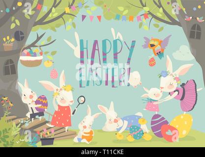 Happy bunnies celebrating Easter in the forest Stock Vector