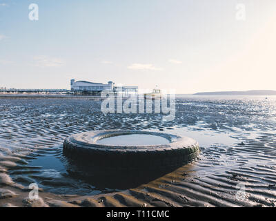 Plastic rubbish/litter/pollution on the beach/sand in the winter in the UK Stock Photo