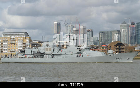 Irish Navy offshore patrol vessel LE James Joyce P62 seen heading down the River Thames after spending a few days in London Stock Photo