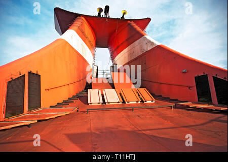 Tablas, Romblon Province, Philippines: Low-angle view of the massive exhausts and deck of an inter-island ship Stock Photo