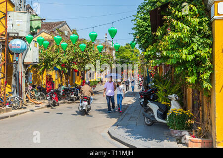 Street view of Duong Houng Dien in Hoi An old town, Hoi An, Quang Nam Provence, Vietnam, Asia. Hoi An is a UNESCO designated heritage site. Hoi An is Stock Photo