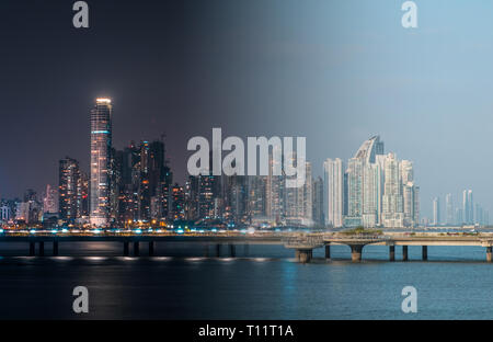 modern skysraper city skyline at night and day photomerge, Panama City Stock Photo