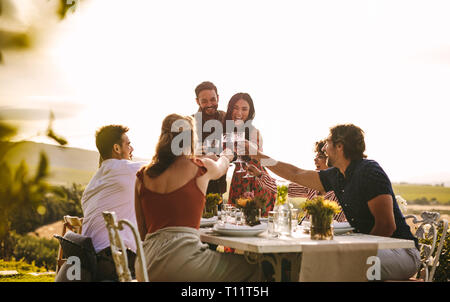 Host couple toasting drinks with friends at dinner party. Cheerful people celebrating with drinks at party. Stock Photo