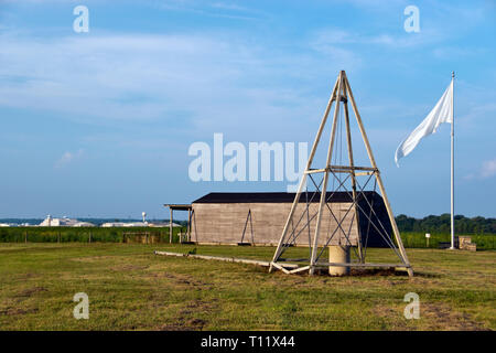 Reproduction of Wright Brothers 1905 hangar and catapult at Huffman Prairie Flying Field, Dayton, Ohio. Stock Photo