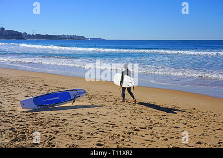 MANLY, AUSTRALIA -15 JUL 2018- View of the Manly Beach on the ocean outside of the Sydney bay. It is popular with surfers. Stock Photo