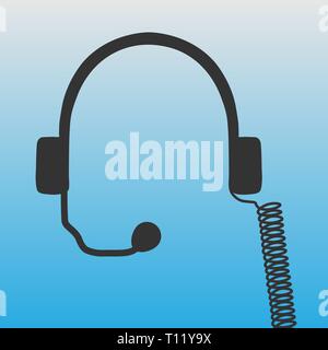 Icon of headphones on a blue background. A headset for working with a computer. Telephone communication means. Stock Vector