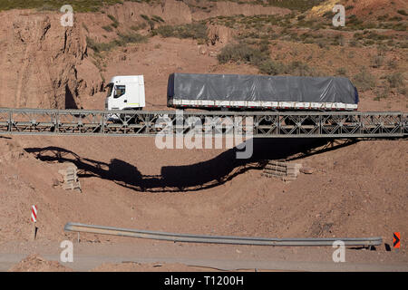 MENDOZA, ARGENTINE, January 25, 2017. Puente Bailey, A provisional bridge was placed over the El Tigre stream between Potrerillos and Uspallata. Stock Photo