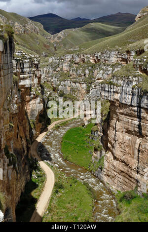 Landscape view of the imposing Shucto canyon (twisted) is a geological formation of rock modeled by the erosion of water over millions of years found  Stock Photo