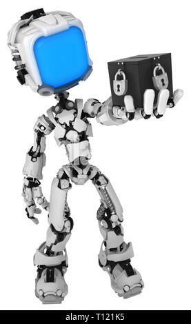 Screen robot figure character pose with black box, 3d illustration, vertical, isolated Stock Photo
