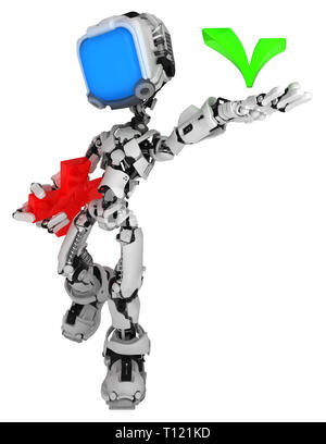 Screen robot figure character pose with checkmark, 3d illustration, over white, vertical, isolated Stock Photo