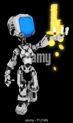 Screen robot figure character pose holding many gold coins, 3d illustration, vertical, isolated Stock Photo