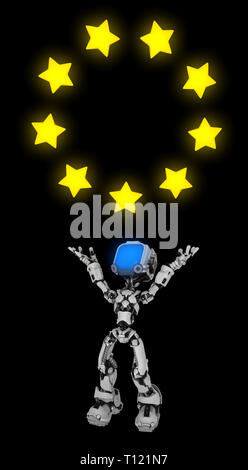 Screen robot figure character pose holding star ring, 3d illustration, over black background, vertical Stock Photo