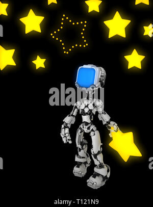 Screen robot figure character pose holding missing star, 3d illustration, over black background, vertical Stock Photo