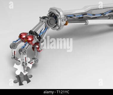 Robotic arm with three fingers, taking puzzle piece out, 3d illustration, horizontal, over white Stock Photo