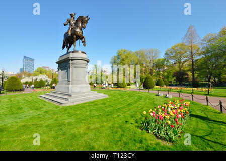 George Washington Statue in Boston Public Garden, Park Grounds and City Skyline Stock Photo