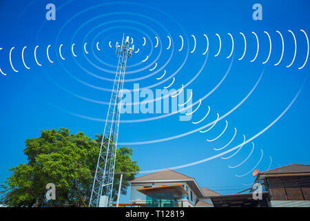 communication tower send and receive radio wave signal in the city concept. Stock Photo