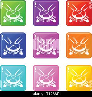Meat house icons set 9 color collection Stock Vector