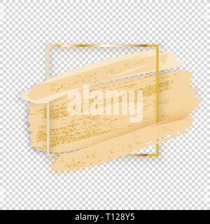 Gold square frame on transparent background. Beige, yellow blots with shadow. Cosmetic, parfume background Stock Vector