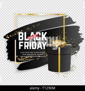 Gold square frame on transparent background. Black blots and black gift with shadow. Black friday banner Stock Vector